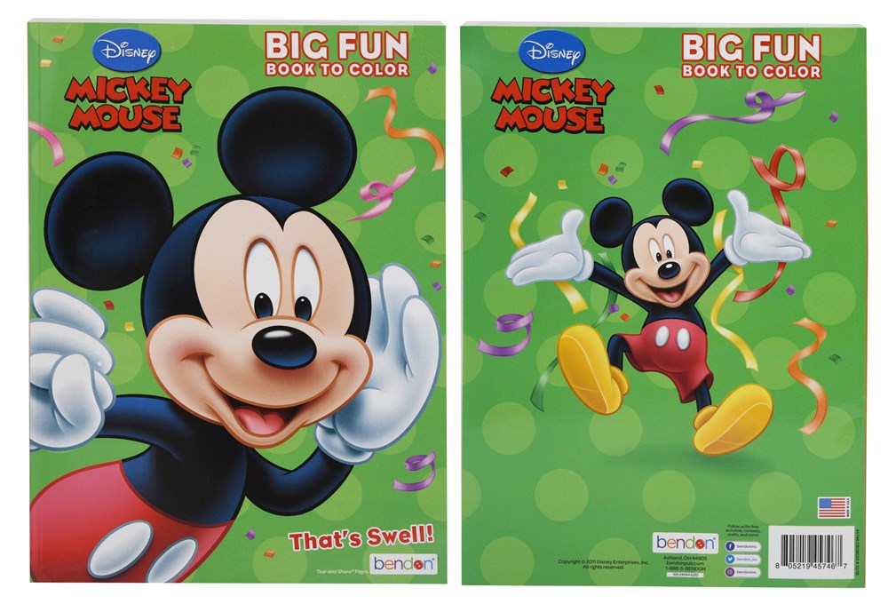 Front and back covers of a Mickey Mouse 80-page coloring book with a green polka dot background and Mickey in classic red.