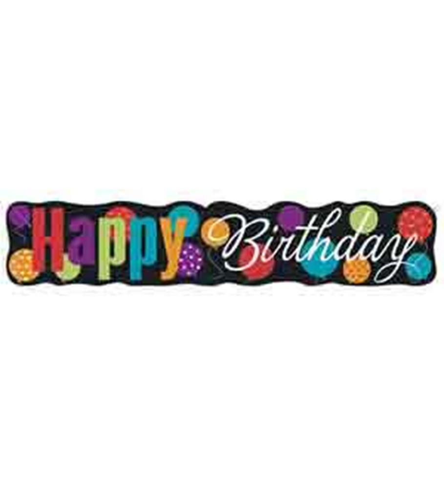 Colorful jointed banner with "Happy Birthday" text in mixed bold and script fonts, decorated with multicolored confetti.