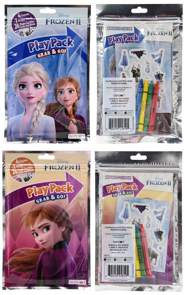 Frozen 2 themed Grab n Go Play Packs featuring colorful crayons, stickers, and activity sheets with Elsa and Anna on.