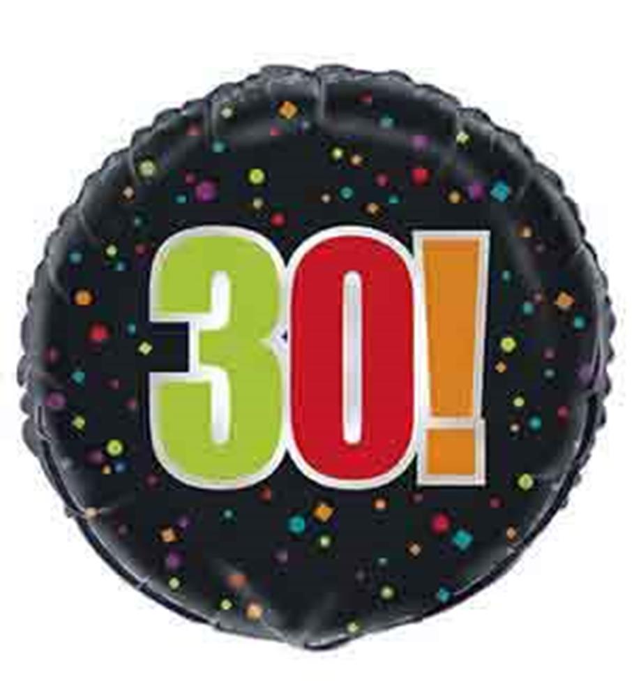 Black round foil balloon with colorful confetti and bold "30!" text in green, red, and orange.