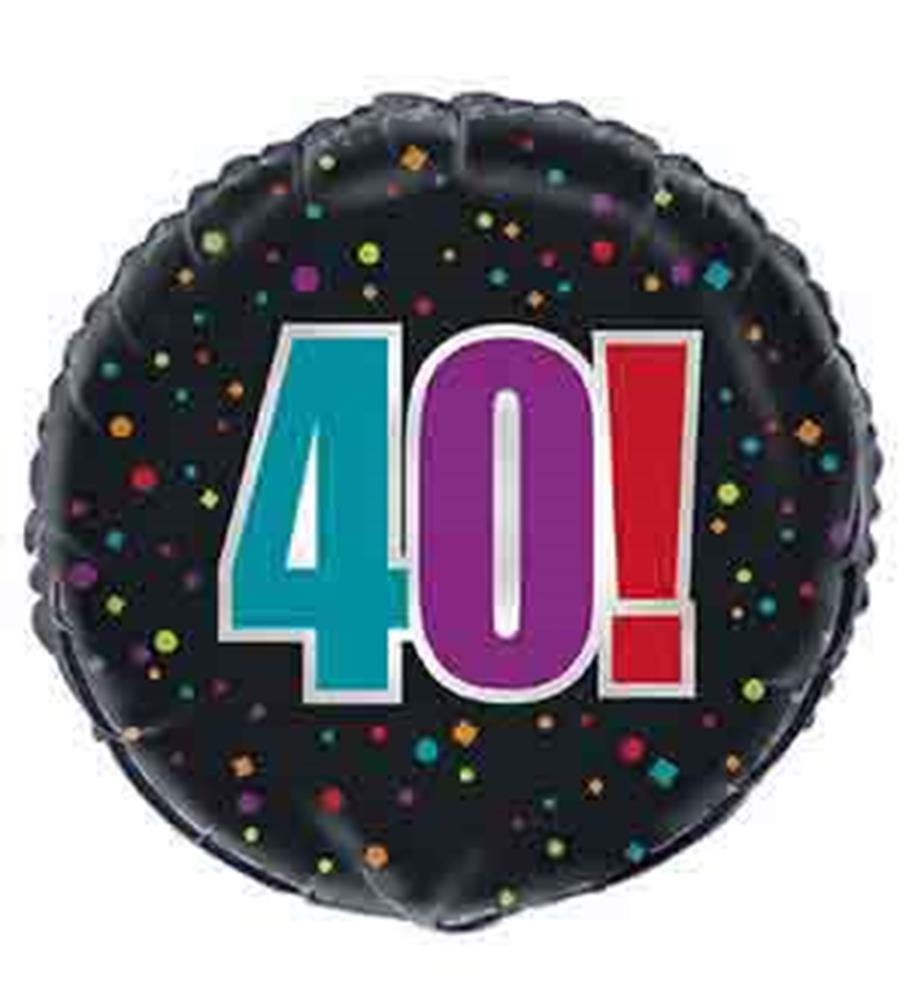 Black round foil balloon with colorful confetti and bold "40!" in teal, purple, and red letters.
