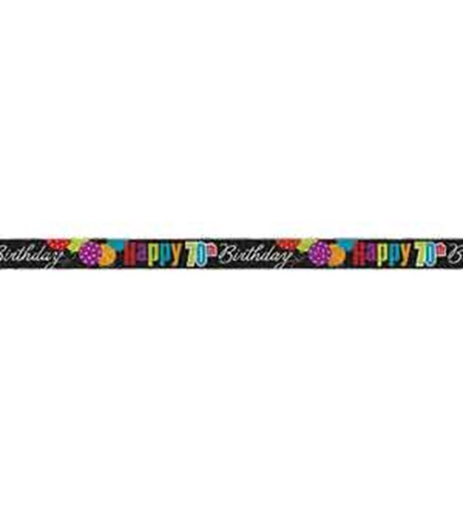 Colorful "Happy 70 Birthday" foil banner with confetti and party hat designs on black background.