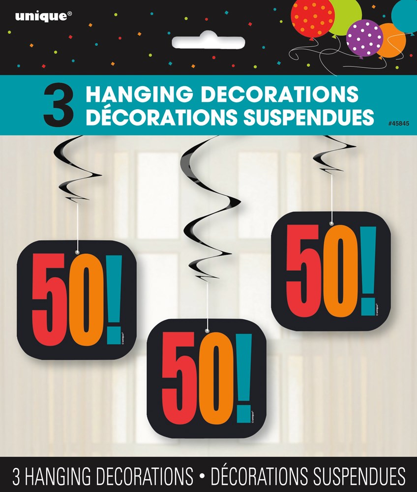 Three foil hanging decorations with black square backgrounds and "50!" in bold red, yellow, and blue letters, each attached.