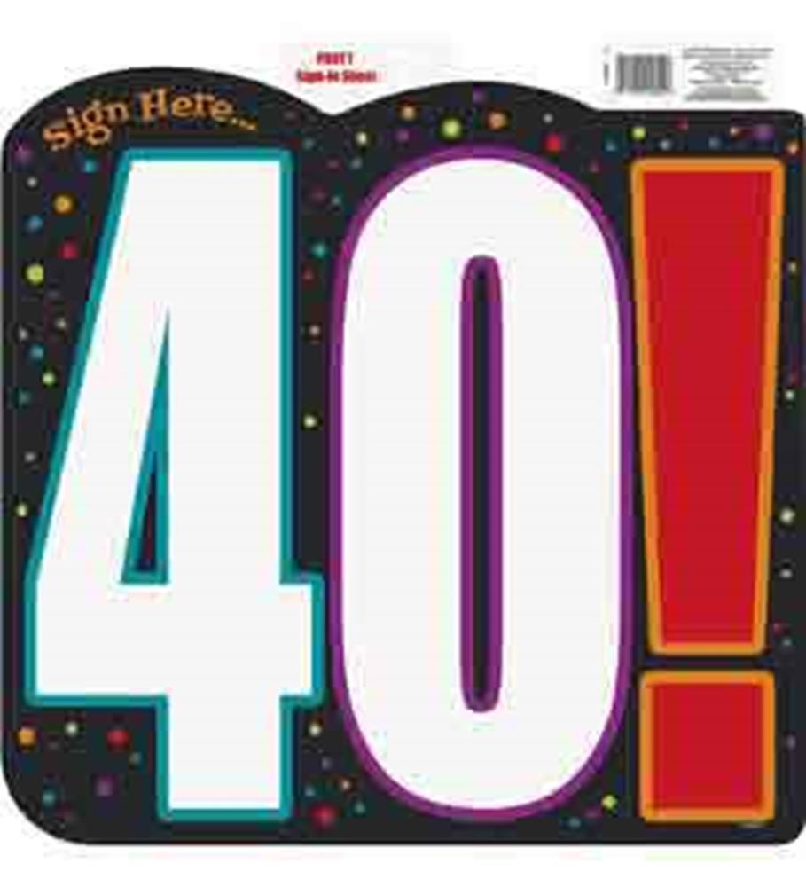 Large black sign cutout with colorful confetti, bold white and teal number "40" and a bright red exclamation mark, text.