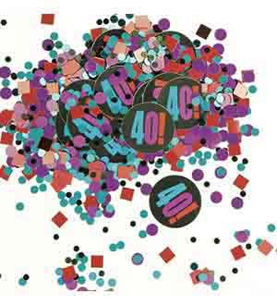 Colorful confetti mix with "40" and party icons in teal, pink, purple, and black.