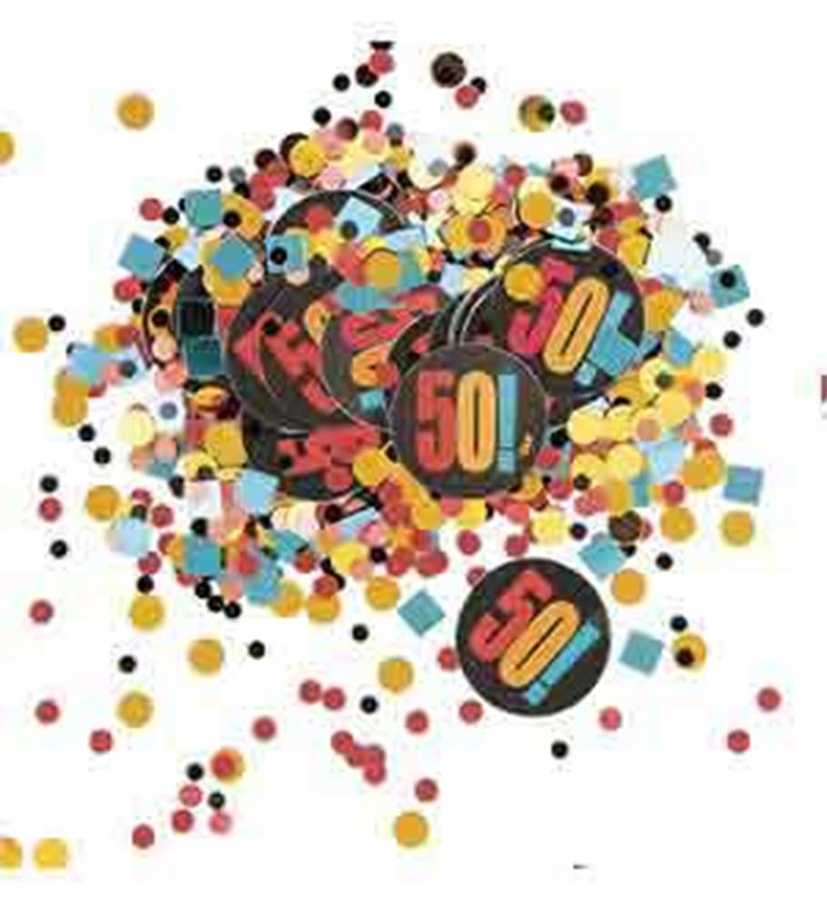 Colorful confetti mix with black, gold, red, and teal circles and hexagons featuring "50" print and foil accents.