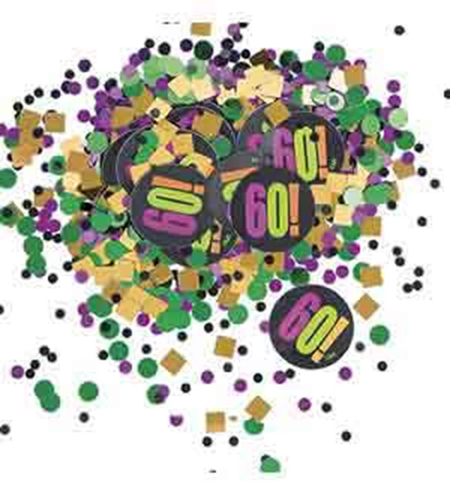 Colorful confetti mix with green, purple, and gold circles and squares, featuring "60!" milestone cutouts.