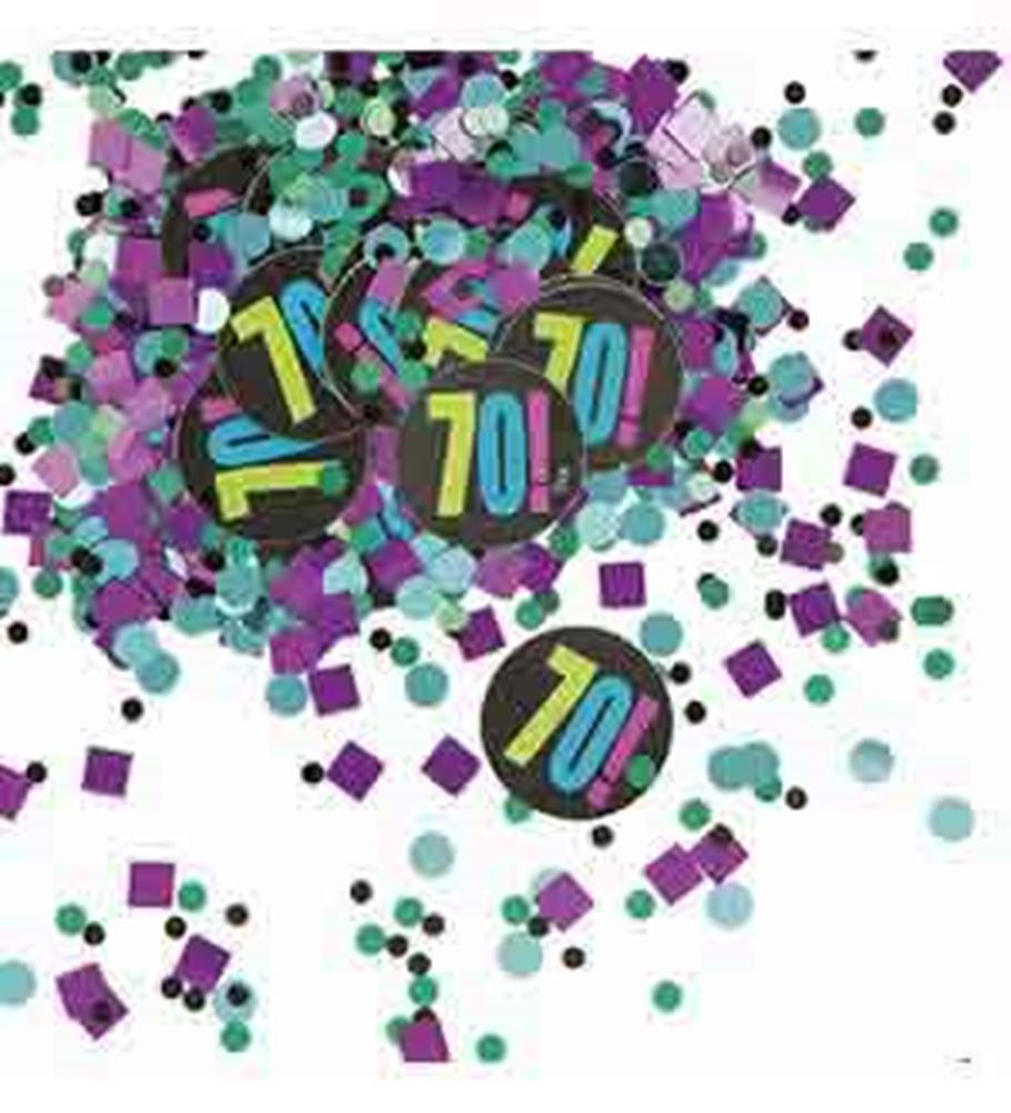 Multicolored round and square confetti with black circles featuring bright "70!" text in teal, purple, and green.