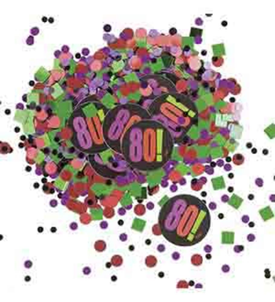 Colorful round and square confetti in purple, pink, green, and red with black circles featuring pink "80!" text.