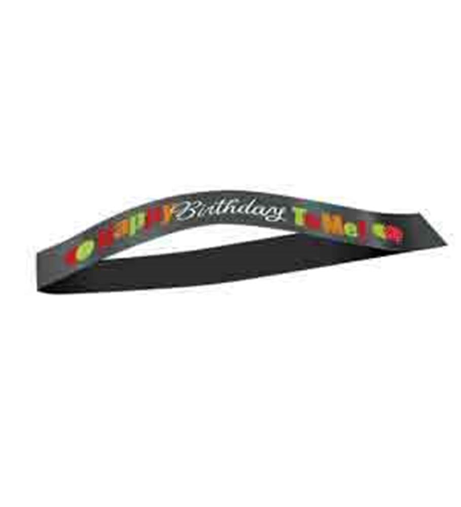 Black satin sash with colorful "Happy Birthday To Me!" text in playful fonts.