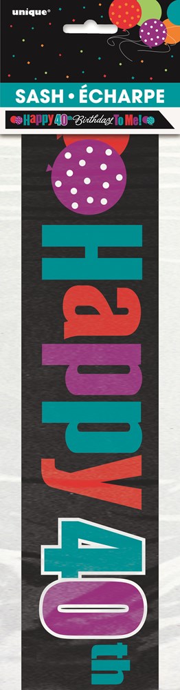 Black sash with colorful "Happy 40th" text and a large pink polka dot balloon design.