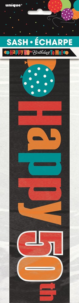 Blue birthday sash with large "Happy 50" text and festive white polka dots at the top.