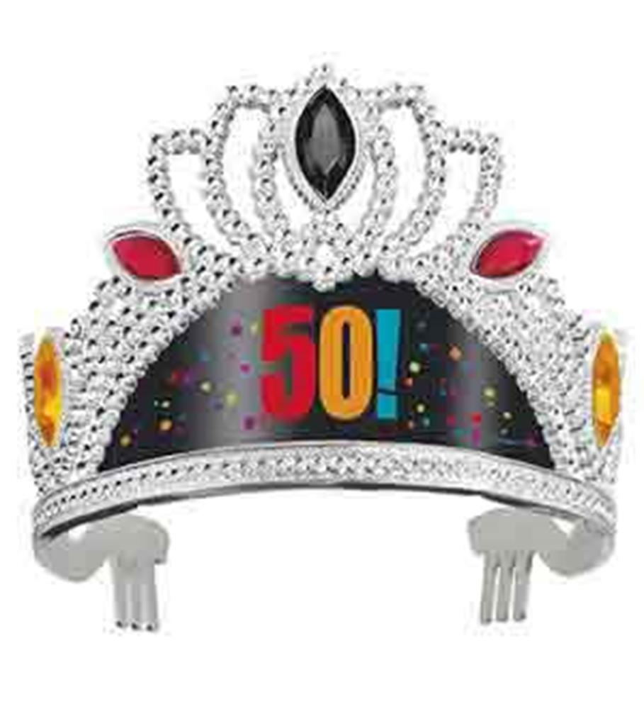 Silver tiara with colorful gems and "50!" printed on black band with confetti design.