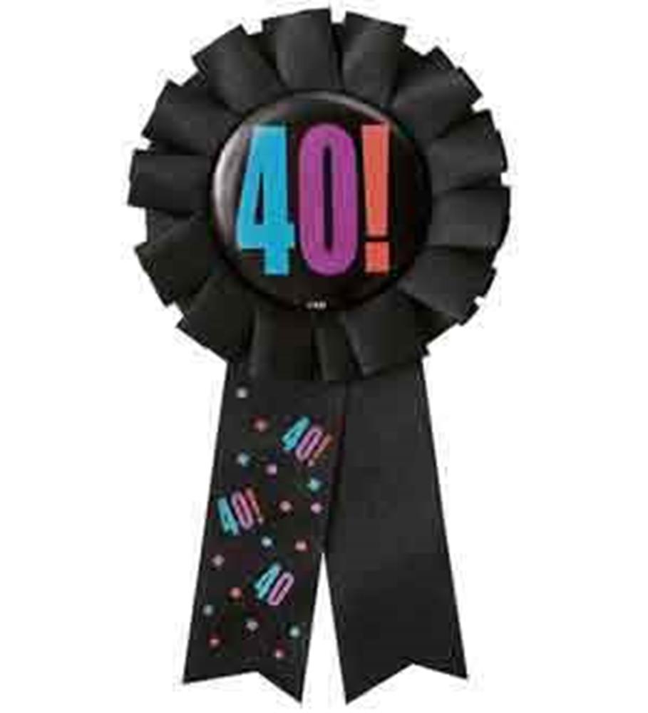 Black award ribbon with pleated edges and center button displaying colorful "40!" text, with matching confetti-patterned.