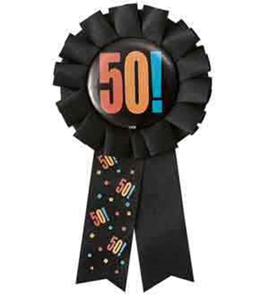 Black award ribbon with colorful "50!" on rosette and matching patterned tails.