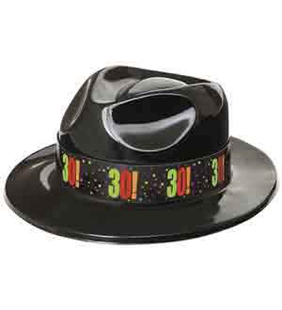 Black glossy gangster hat with a colorful "30" milestone birthday band around the base.