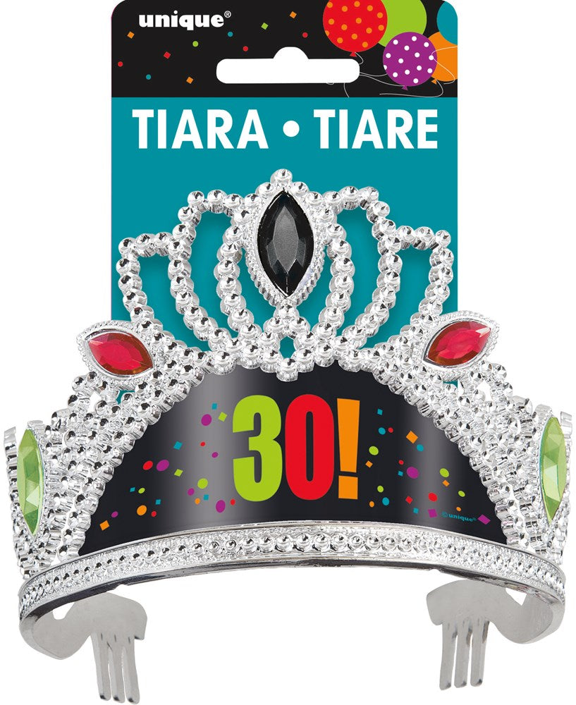 Silver tiara with colorful "30!" and confetti design featuring pink and black jewels.