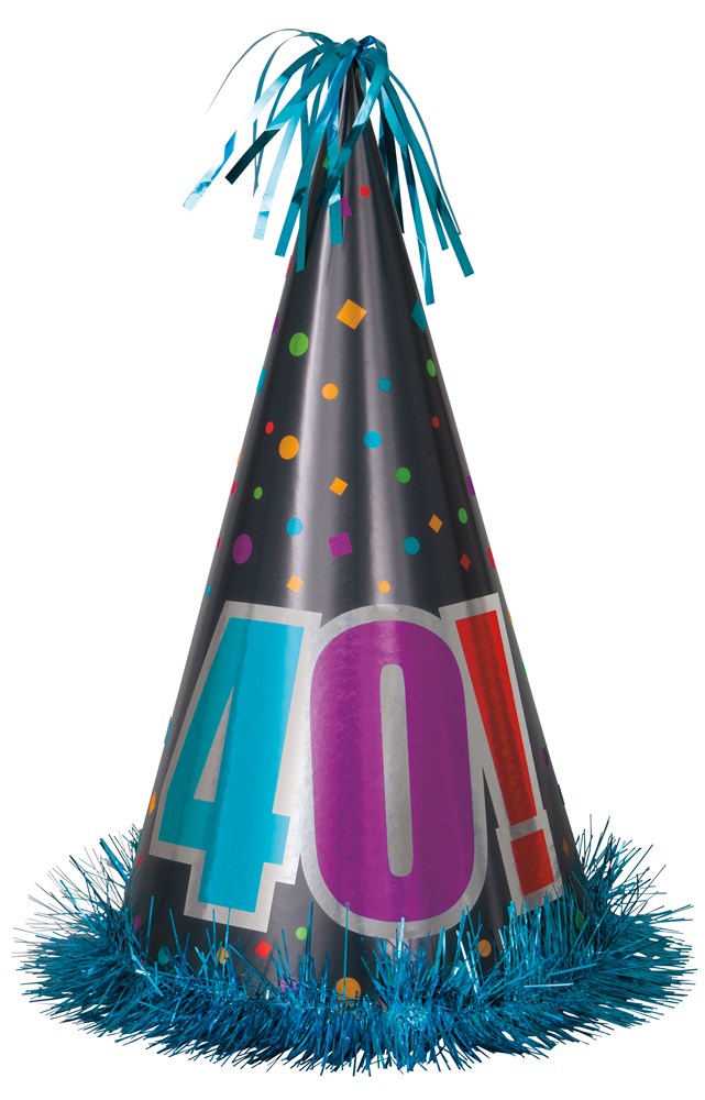 Black cone party hat with colorful confetti dots, large "40!" in blue and purple, and blue tinsel trim with matching tassels