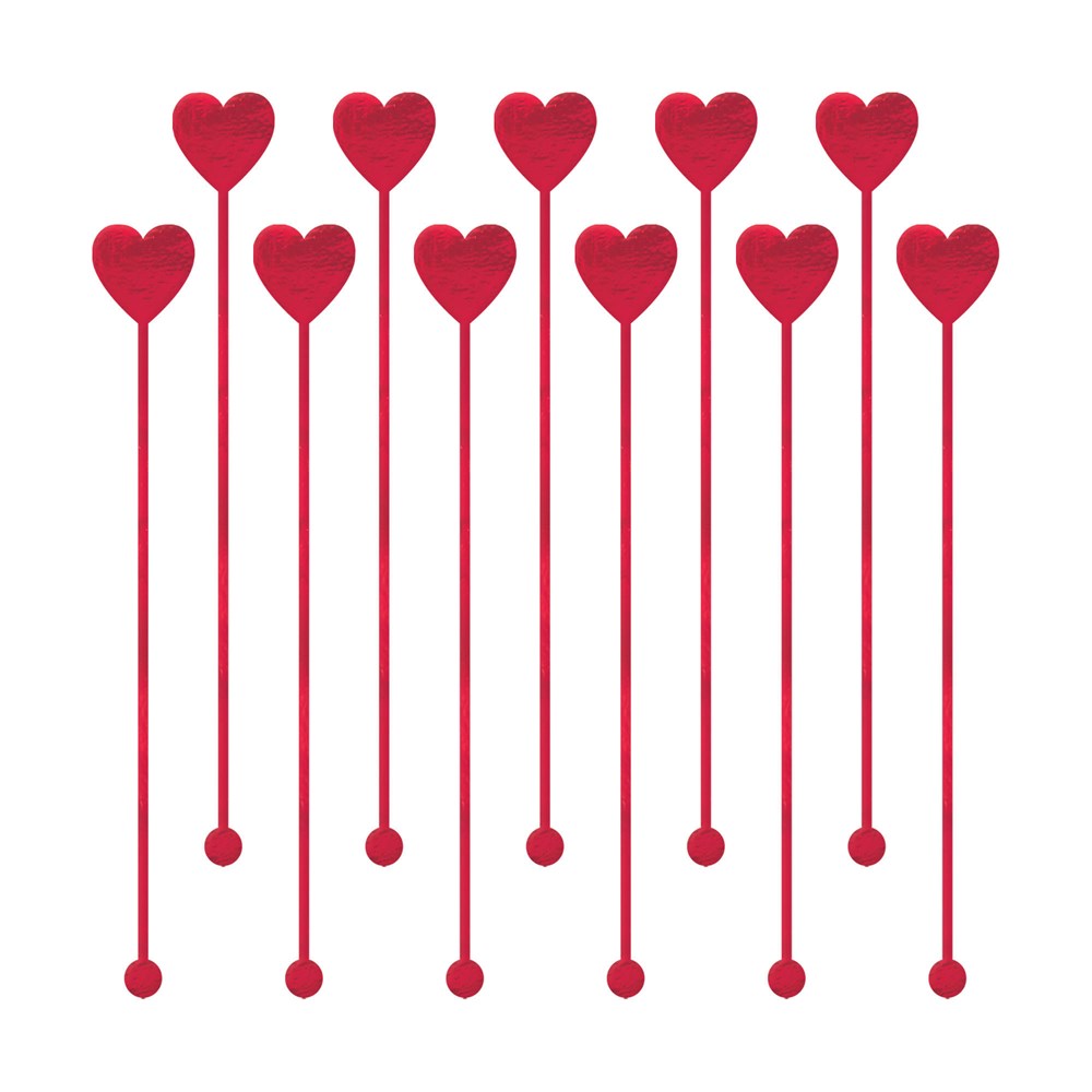 Set of red plastic drink stirrers with heart-shaped tops and round ends, festive design.