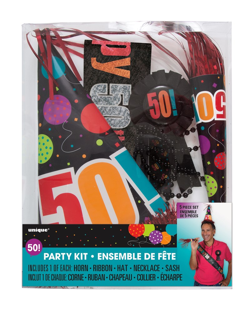 50th birthday party kit with colorful hats, black glasses, and "50" themed decorations.
