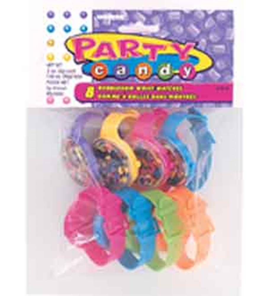 Colorful plastic wrist watches in eight bright shades with confetti-like decorations inside the bands.