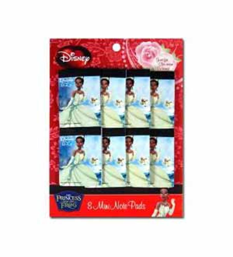 Set of eight mini notepads featuring Princess Tiana in a green gown on each cover, packaged on a red Disney-themed backing.