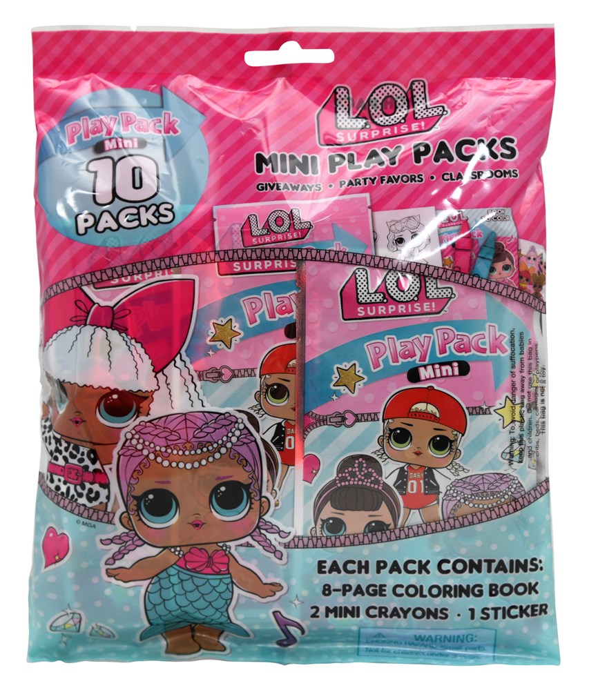 Pink resealable bag containing 10 LOL Surprise Mini Play Packs with colorful cartoon characters and hearts on packaging.