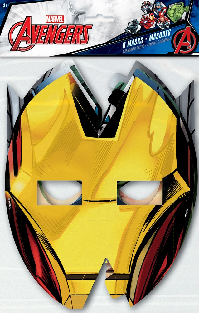 Yellow and red Iron Man mask with eye cutouts and black elastic strap.