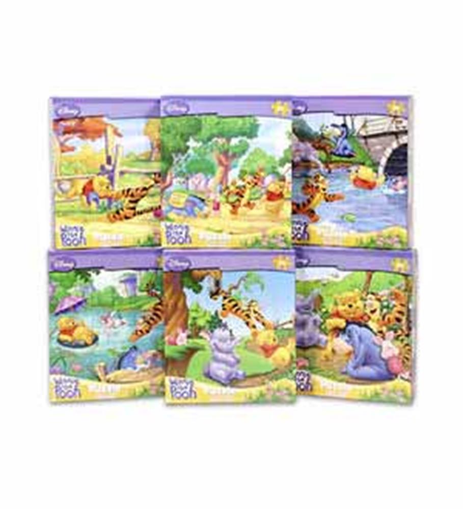 Six colorful Disney Winnie the Pooh-themed puzzles with 24 pieces each, featuring Pooh and friends in outdoor scenes.