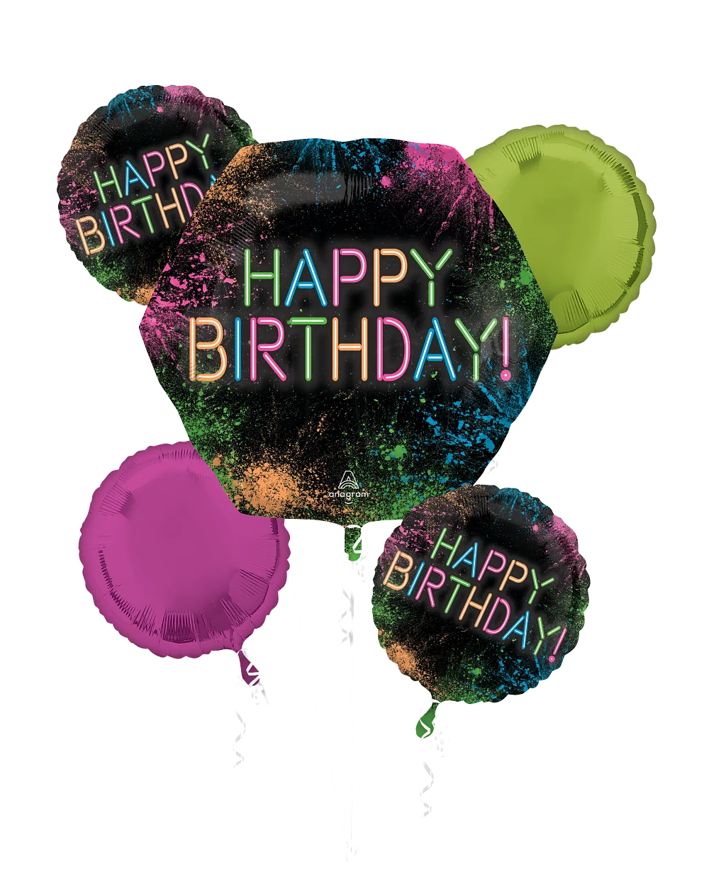 Five-piece foil balloon bouquet with black background, colorful neon "Happy Birthday" text, and two solid color balloons in.