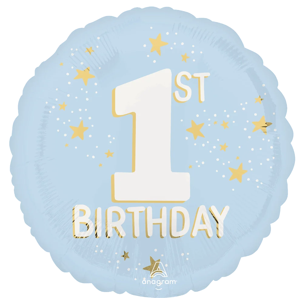 17-inch round blue foil balloon with white and gold "1st Birthday" text and scattered gold stars.