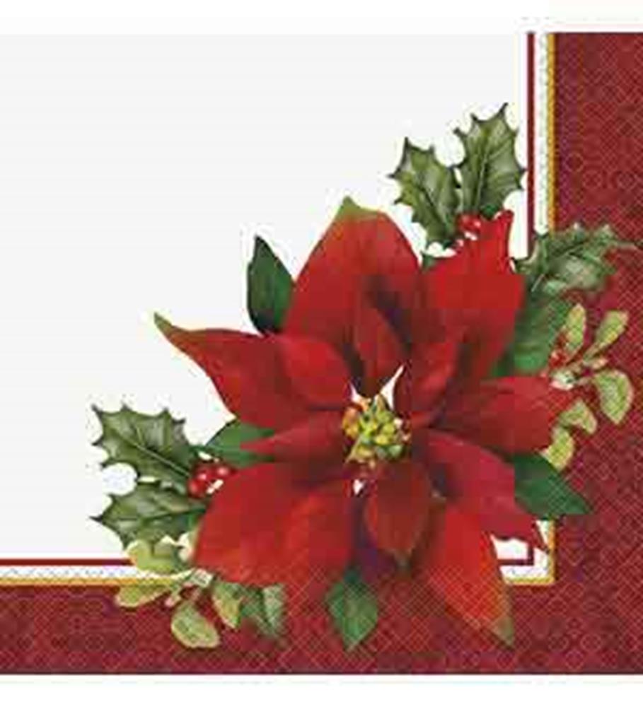 Red poinsettia and green holly with gold accents on white paper napkin with red and gold border.