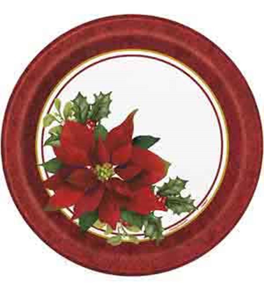 Round paper plate with deep red border and gold trim, featuring a large red poinsettia and green holly leaves design on.