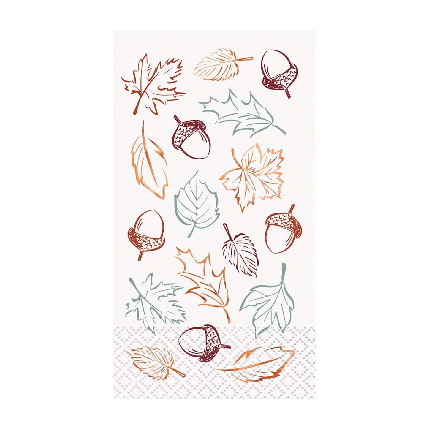 White paper napkin with orange, brown, and green autumn leaves and acorn illustrations, textured border.