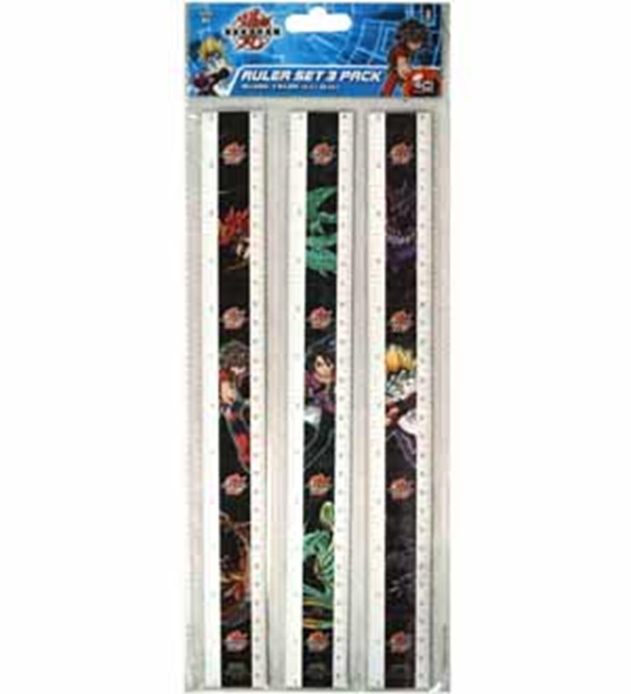Set of three Bakugan-themed plastic rulers, each with colorful character graphics on a black background and clear.