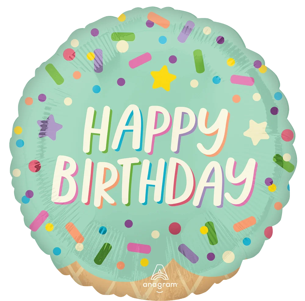 Round mint green foil balloon with colorful confetti sprinkles and "Happy Birthday" in pastel letters.