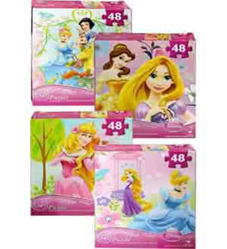 Four colorful Disney princess-themed puzzle boxes, each featuring 48 pieces and illustrations of Cinderella, Belle,.