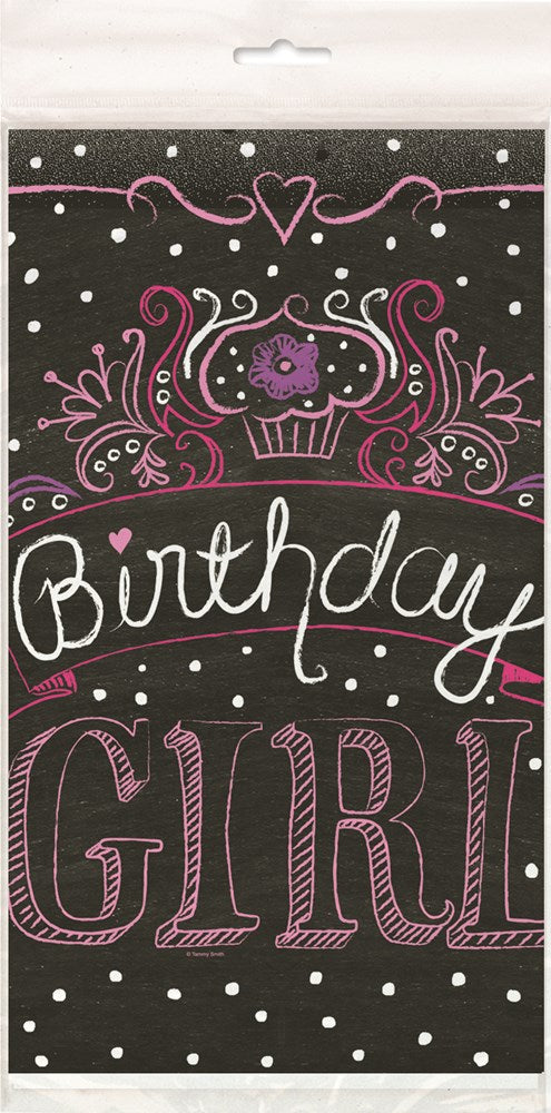 Black plastic tablecover with white polka dots, pink swirls, a cupcake graphic, and "Birthday Girl" text in white and pink.