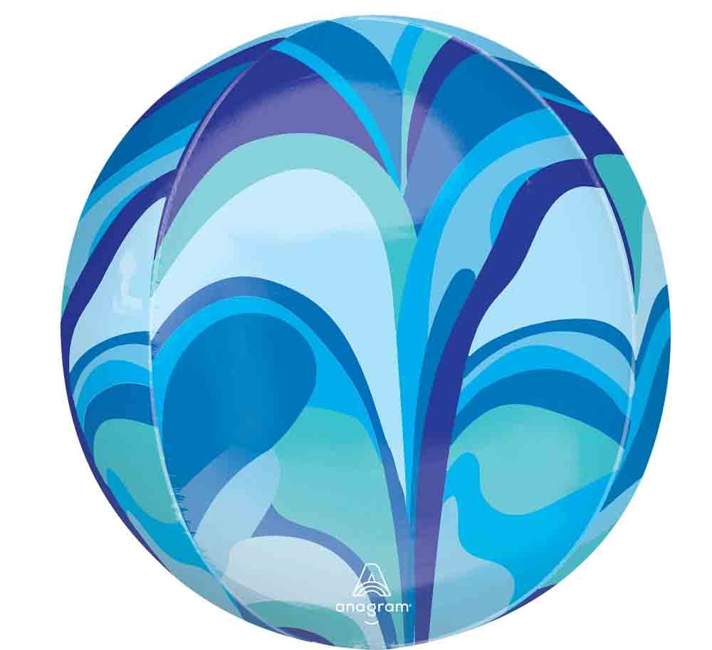 16-inch round foil balloon with swirling blue, teal, and navy abstract pattern.