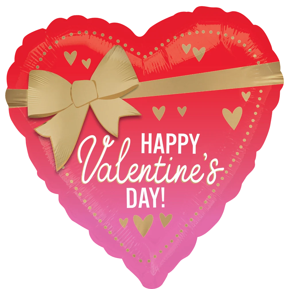 Heart-shaped red foil balloon with gold hearts and a large gold bow, white "Happy Valentine's Day!" text.