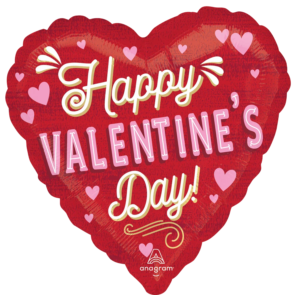 Red heart-shaped foil balloon with pink and white hearts and "Happy Valentine's Day!" in retro script.