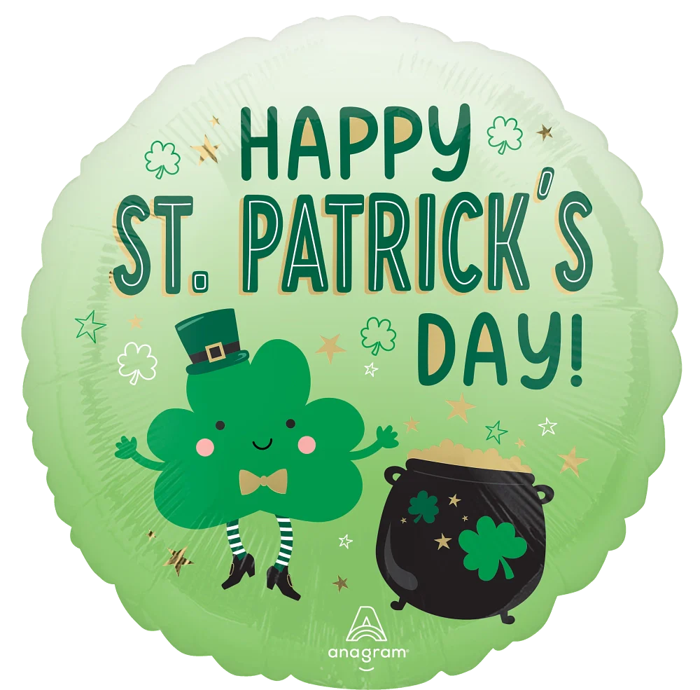 Light green round foil balloon with "Happy St. Patrick's Day!" text, cartoon shamrock wearing a leprechaun hat and striped.
