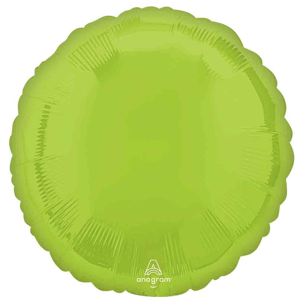 17-inch vibrant green round foil balloon with a shiny surface and scalloped edges.