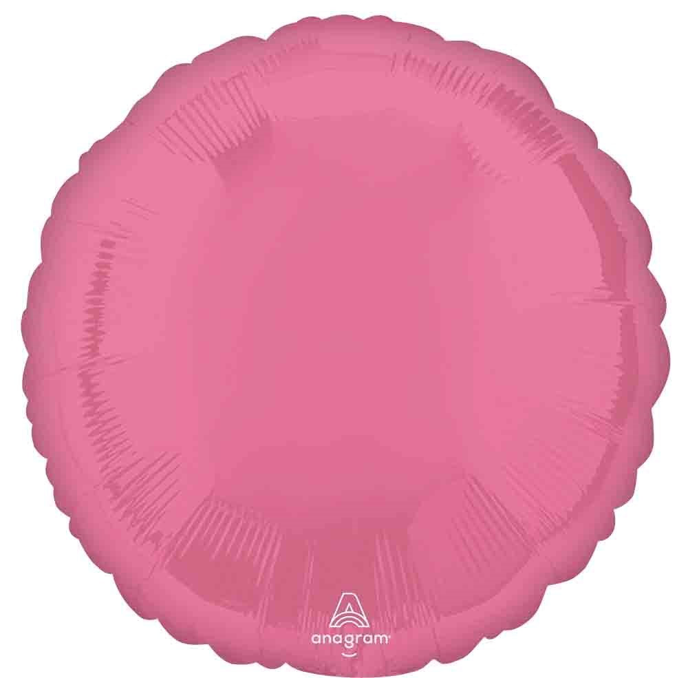 Vibrant pink round foil balloon with smooth, shiny surface and scalloped edges, 17 inches wide.