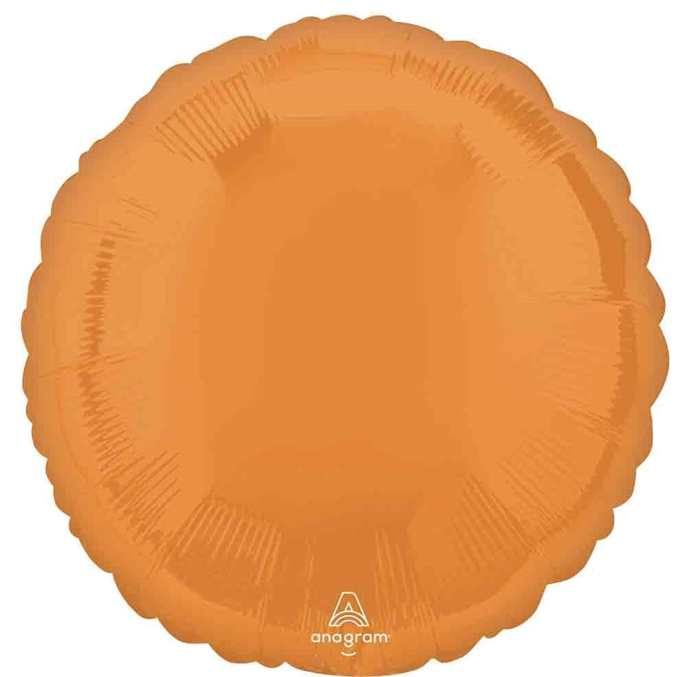 17-inch round vibrant orange foil balloon with smooth shiny surface and slightly scalloped edges.