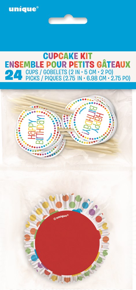 Rainbow-themed cupcake kit with colorful "Happy Birthday" toppers and matching floral cupcake liners, 24 pieces.