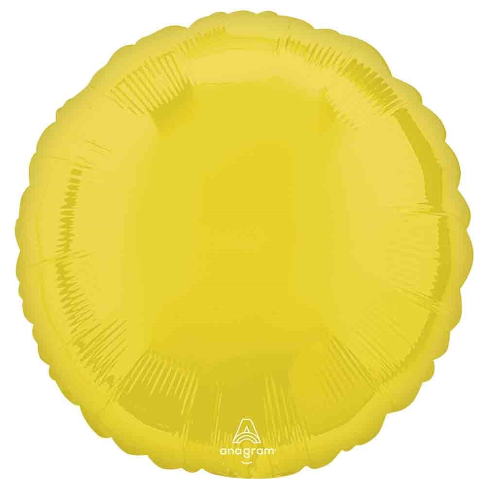 Round 17-inch vibrant yellow foil balloon with subtle shine and scalloped edges.