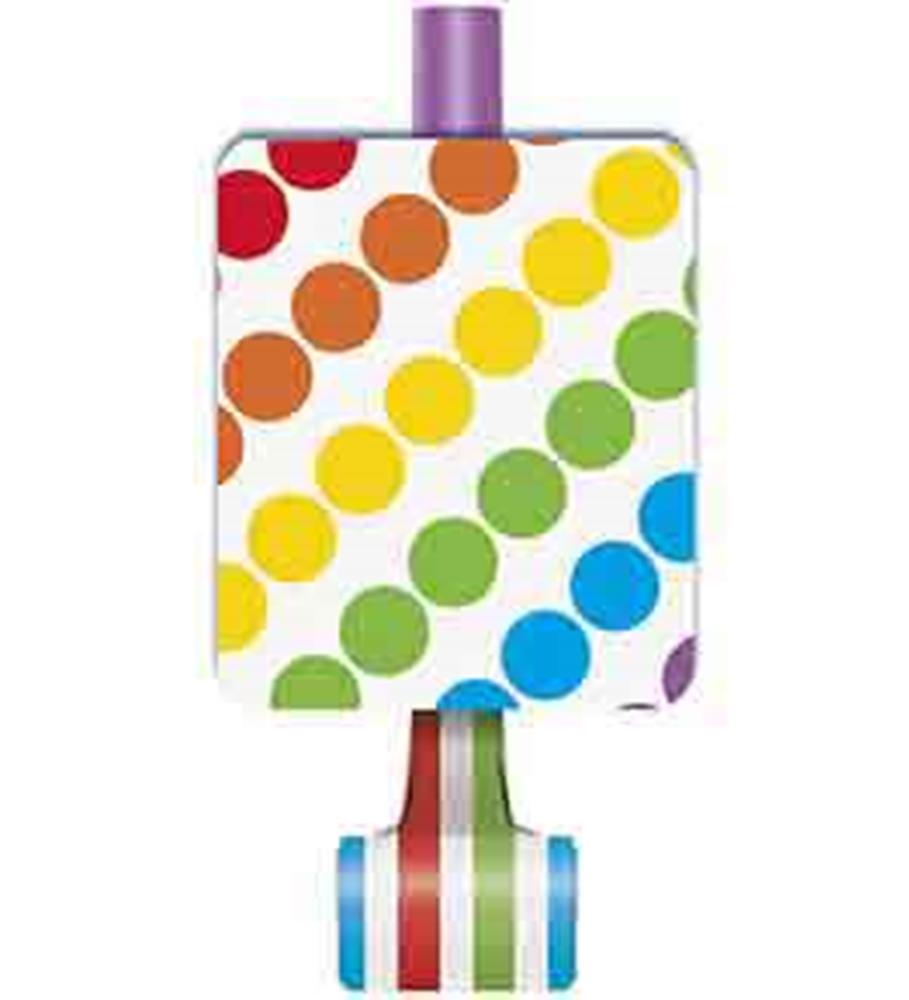 Colorful party blowout with rainbow polka dots on white square background and purple mouthpiece.