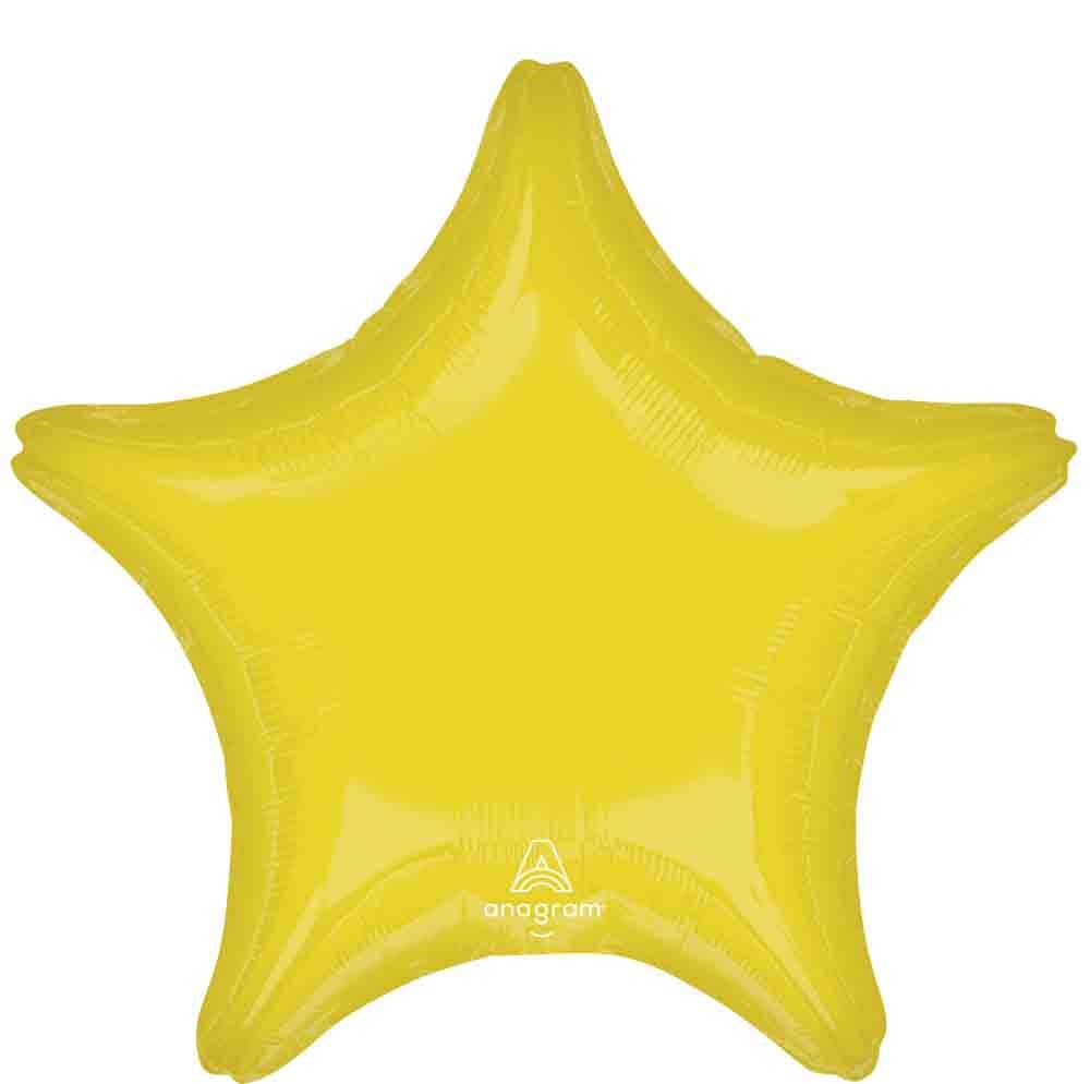 Vibrant yellow foil balloon shaped like a five-point star, 17 inches wide.