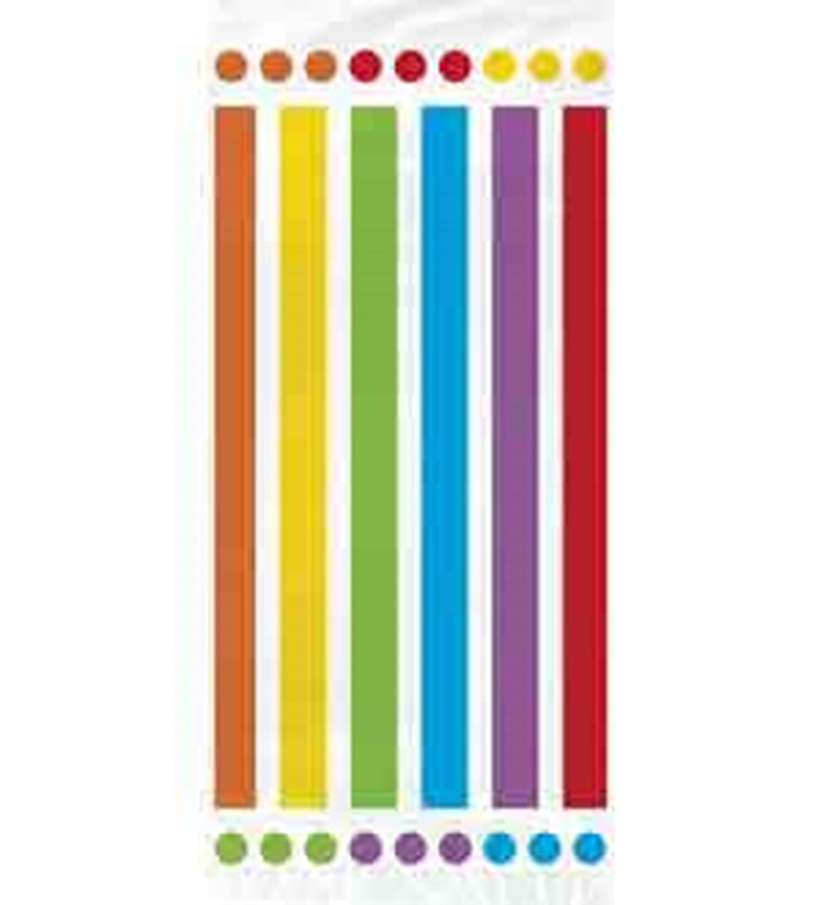 Set of 20 clear cellophane bags with vertical rainbow stripes in red, orange, yellow, green, blue, and purple colors.